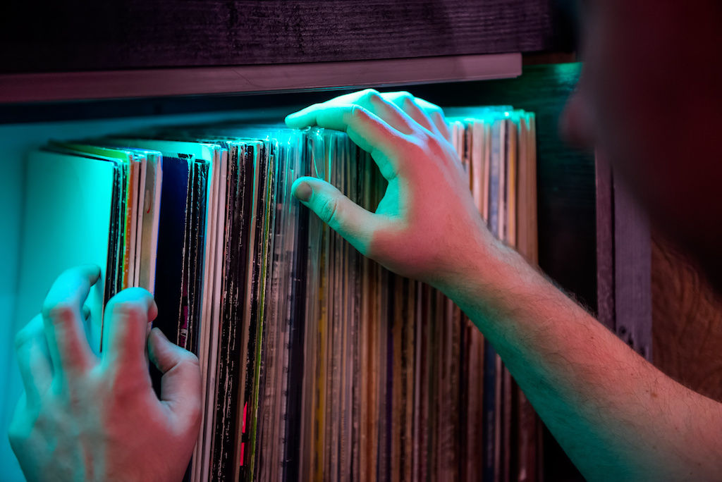 Records stored upright in crates